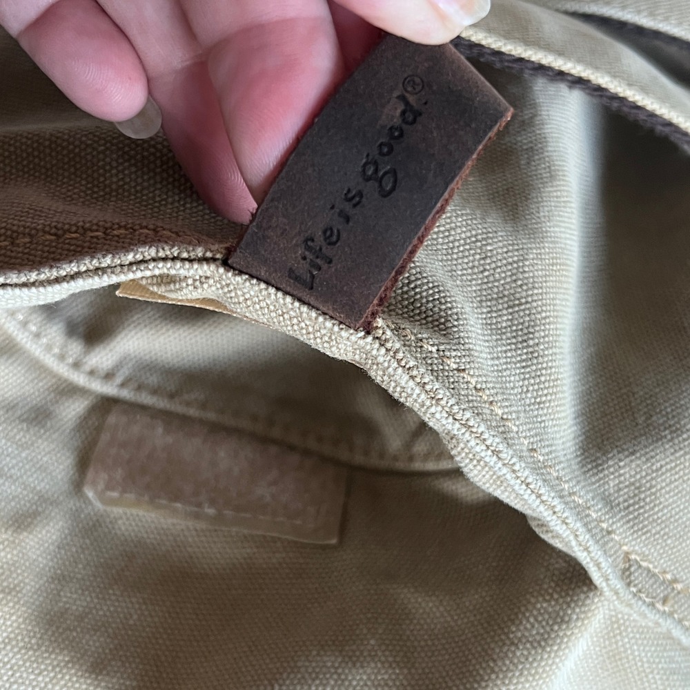 Life is Good Canvas Bucket Backpack Khaki Cotton Leather Trim Drawstring Bag - Picture 8 of 16